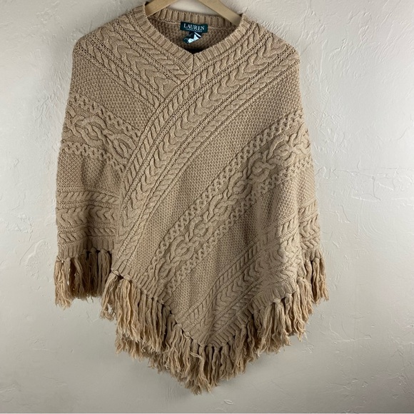 Lauren Ralph Lauren Tan Neutral Cable-knit Fringe Poncho Sweater - Picture 2 of 6